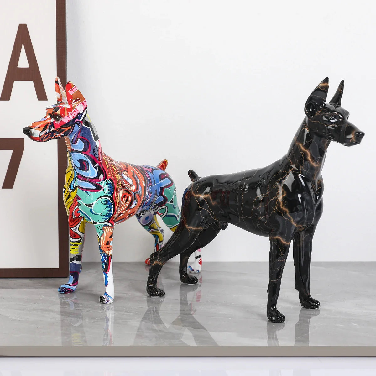 ArtZ® Standing Doberman Pinscher Graffiti Painted Sculpture Doberman Pinscher Graffiti Painted dog Sculpture