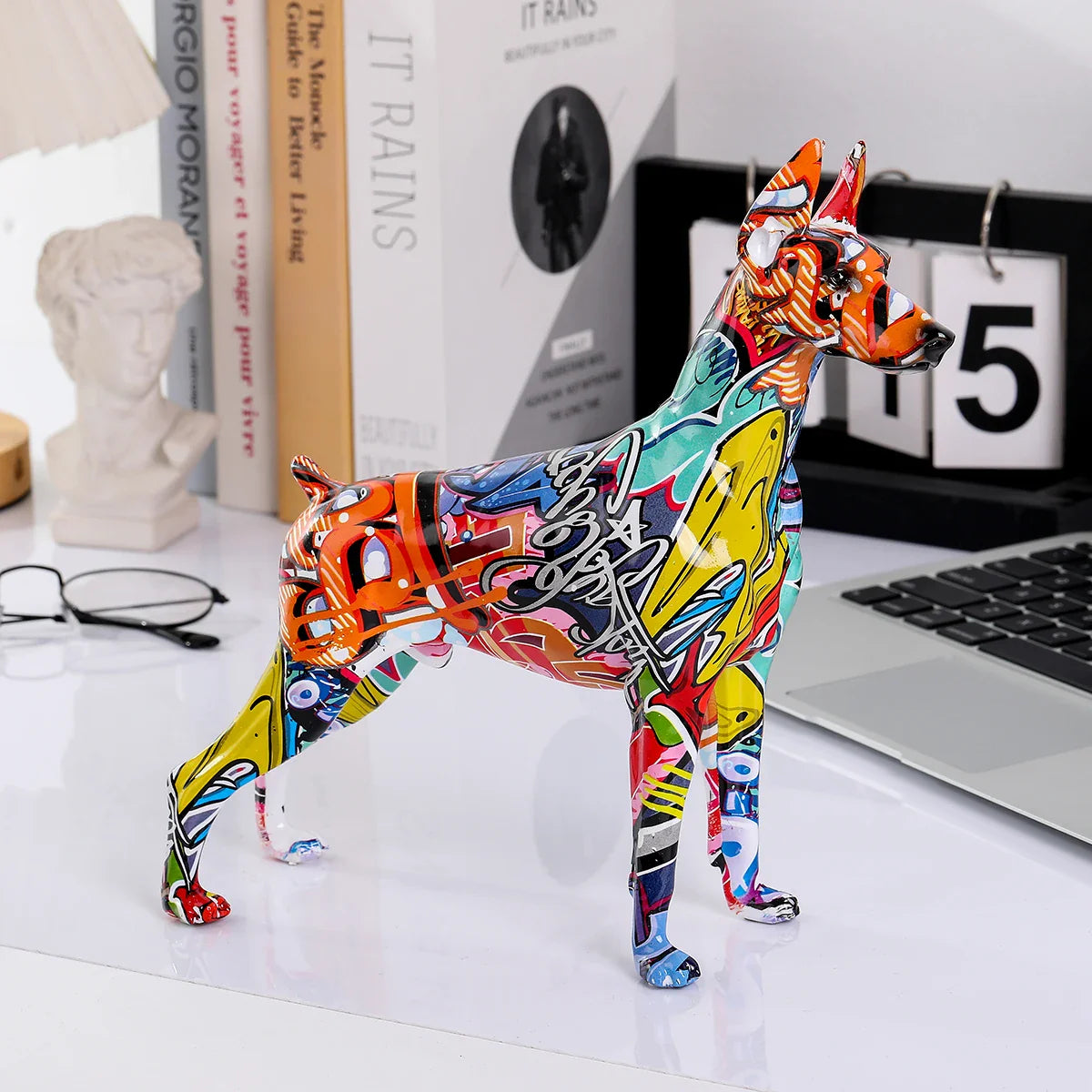 ArtZ® Standing Doberman Pinscher Graffiti Painted Sculpture Doberman Pinscher Graffiti Painted dog Sculpture