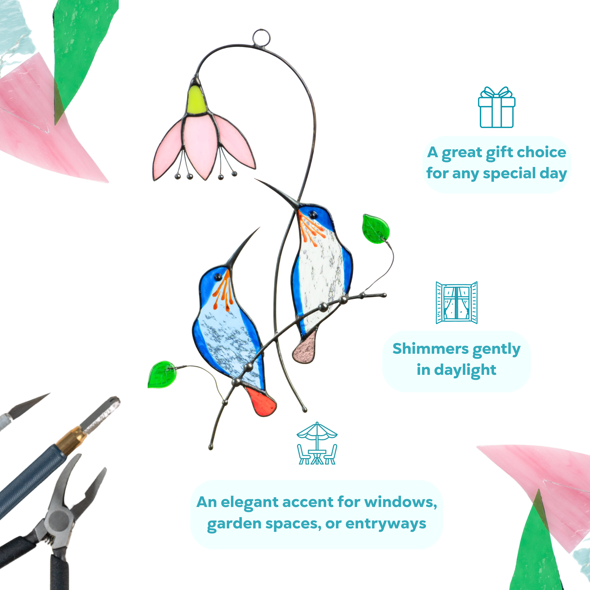 Stained glass suncatcher with two blue hummingbirds and a pink flower, displayed with tools and text labels.
