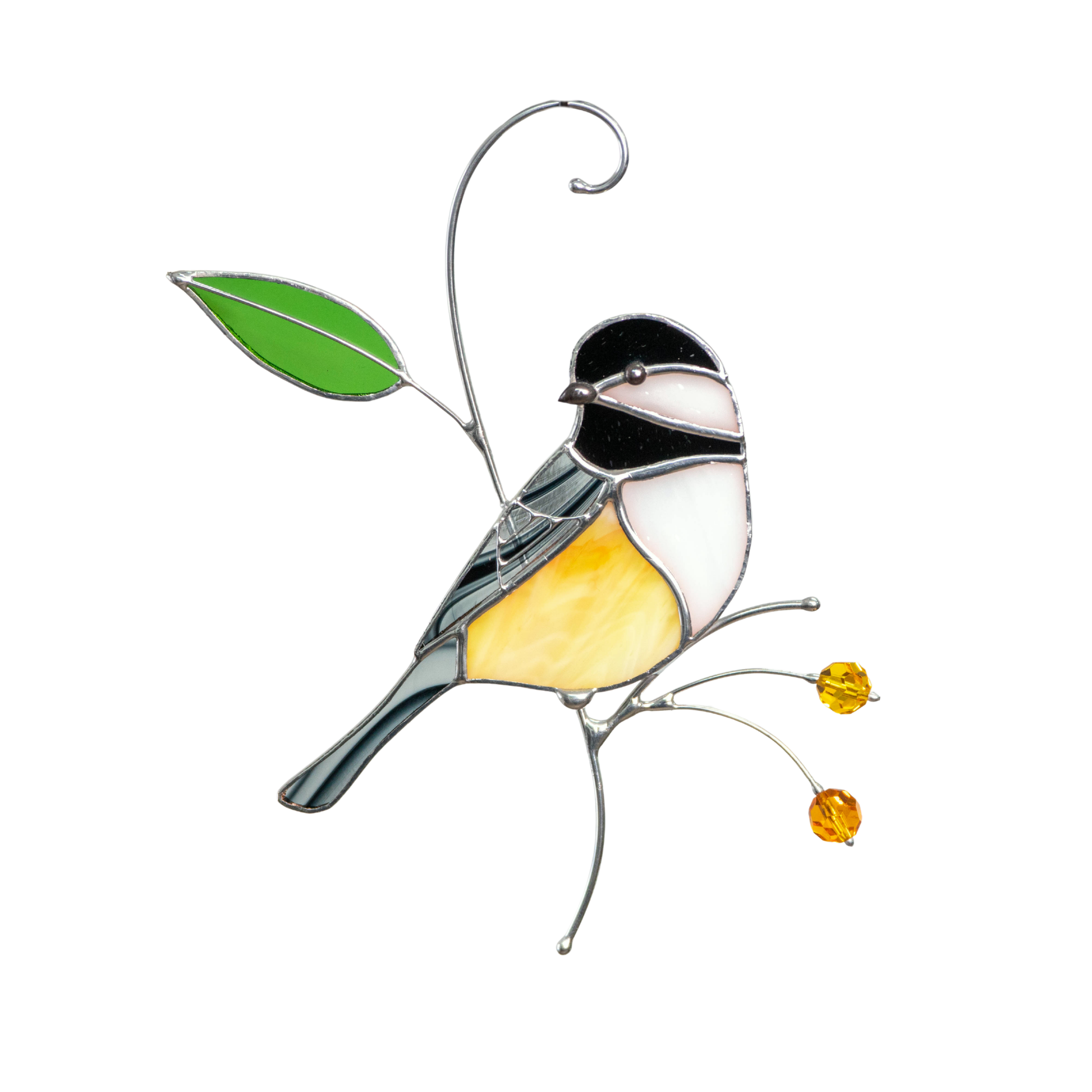 Stained glass chickadee sitting on the branch with leaf and beads window hanging