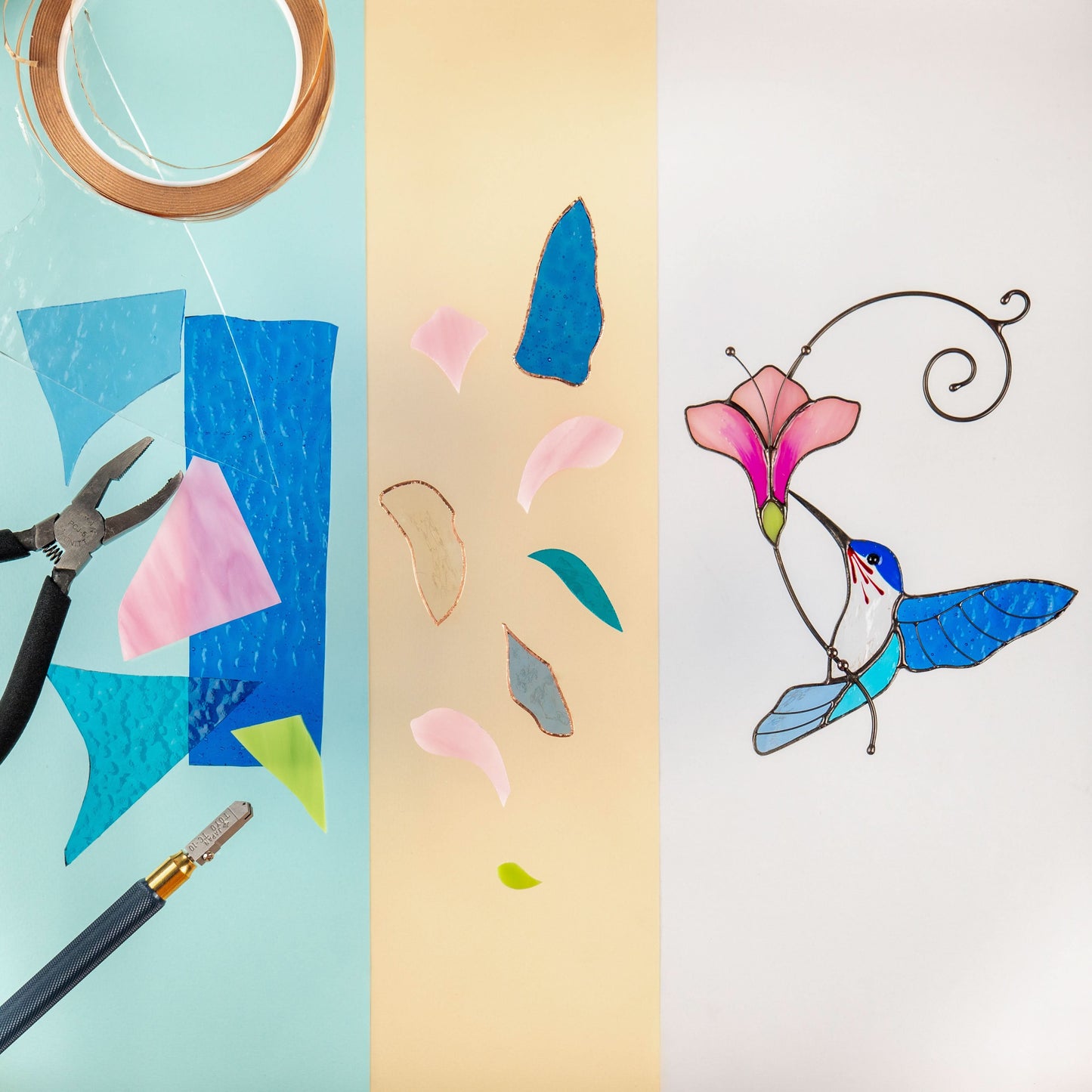 Glass cutting and assembling stages of a colorful hummingbird and flower stained glass piece