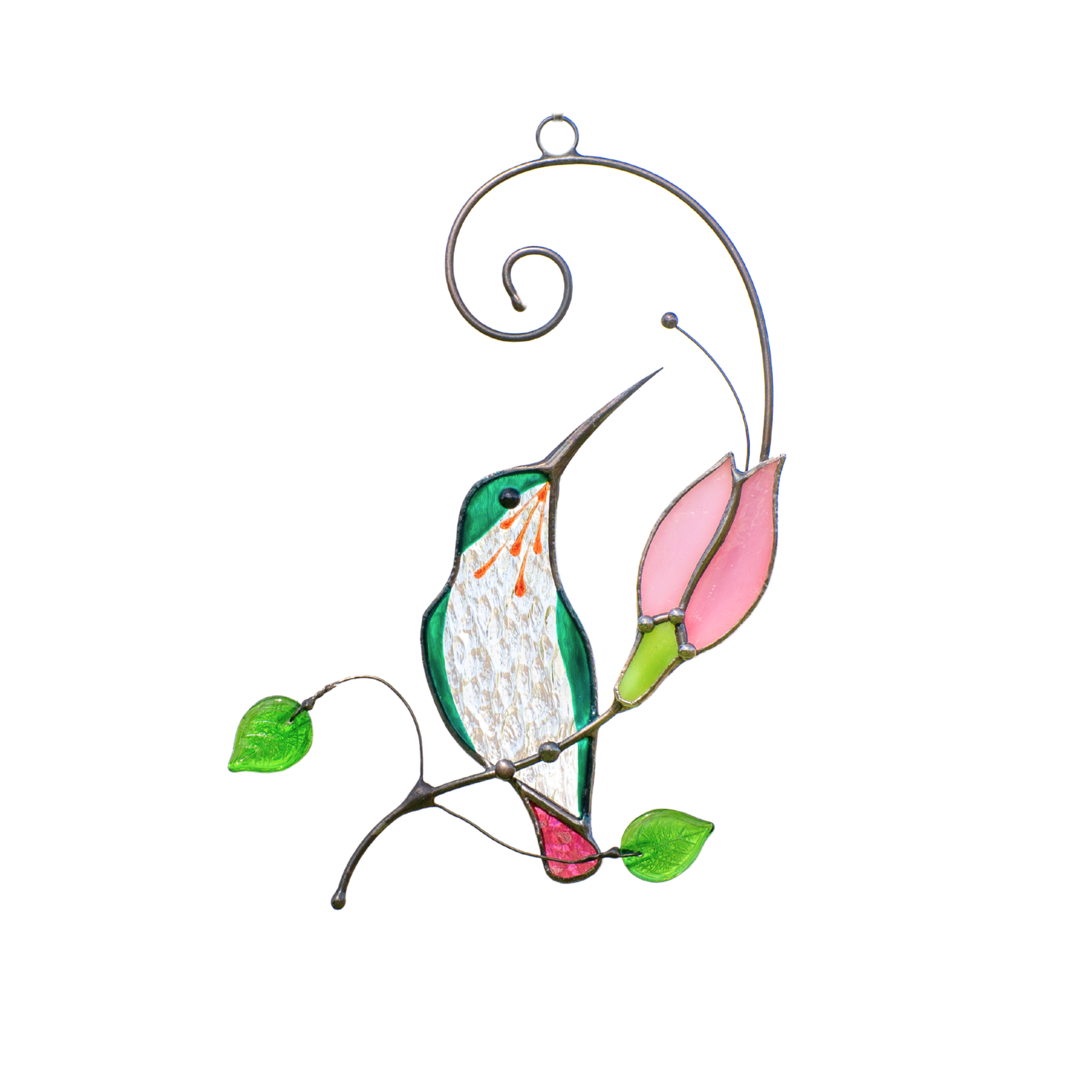 A stained glass suncatcher depicting a green and white hummingbird near a pink flower bud with green leaves and a swirl hook.
