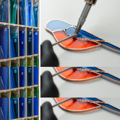 Collage shows the stained glass process: sheets of colorful glass, cutting and grinding pieces, wrapping with copper foil, and soldering a bird-shaped suncatcher.