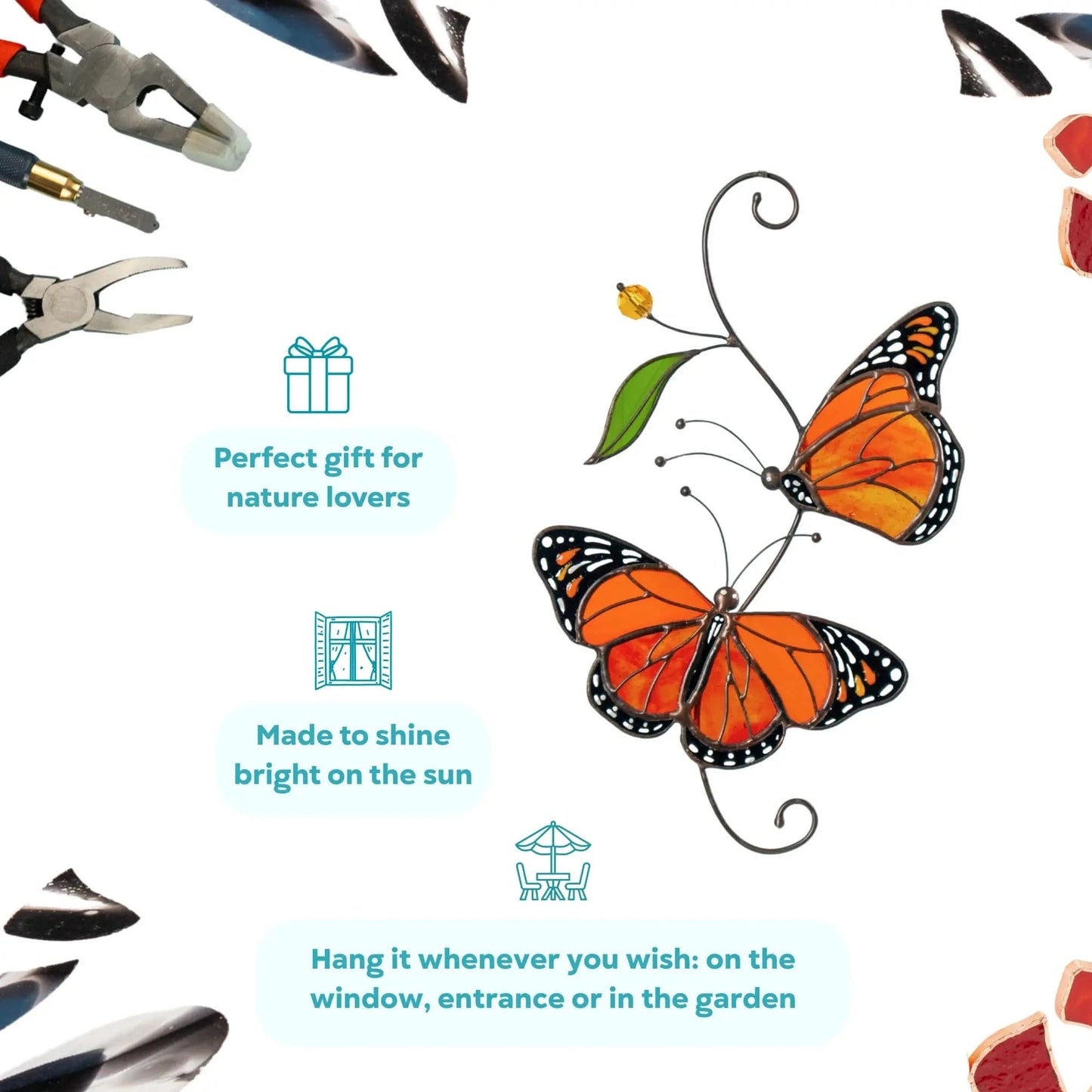 Stained glass monarch butterflies with green leaf and yellow bead, ideal for windows, gardens, or entrances.