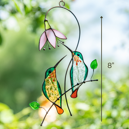 Pair of green hummingbirds on a branch with size marked as 8 inches