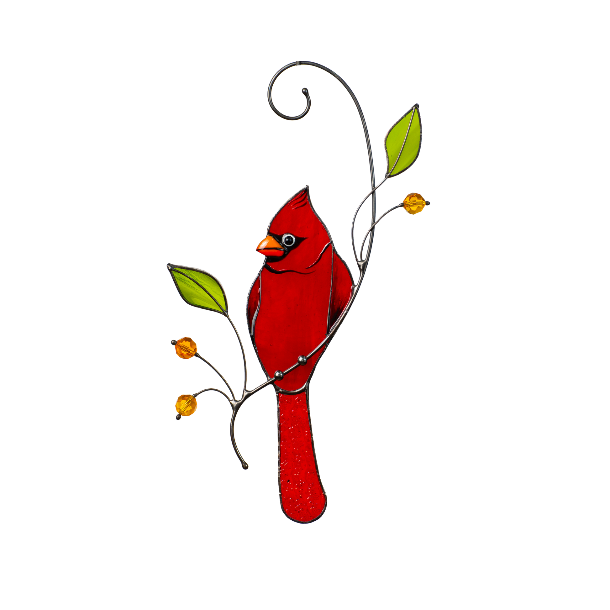 Suncatcher featuring red cardinal on the branch with green glass leaves