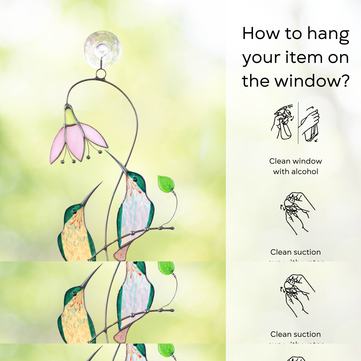 Pair if green hummingbirds sitting on the branch with flower and hanging instructions beside: clean window and suction cup, press a cup to the surface
