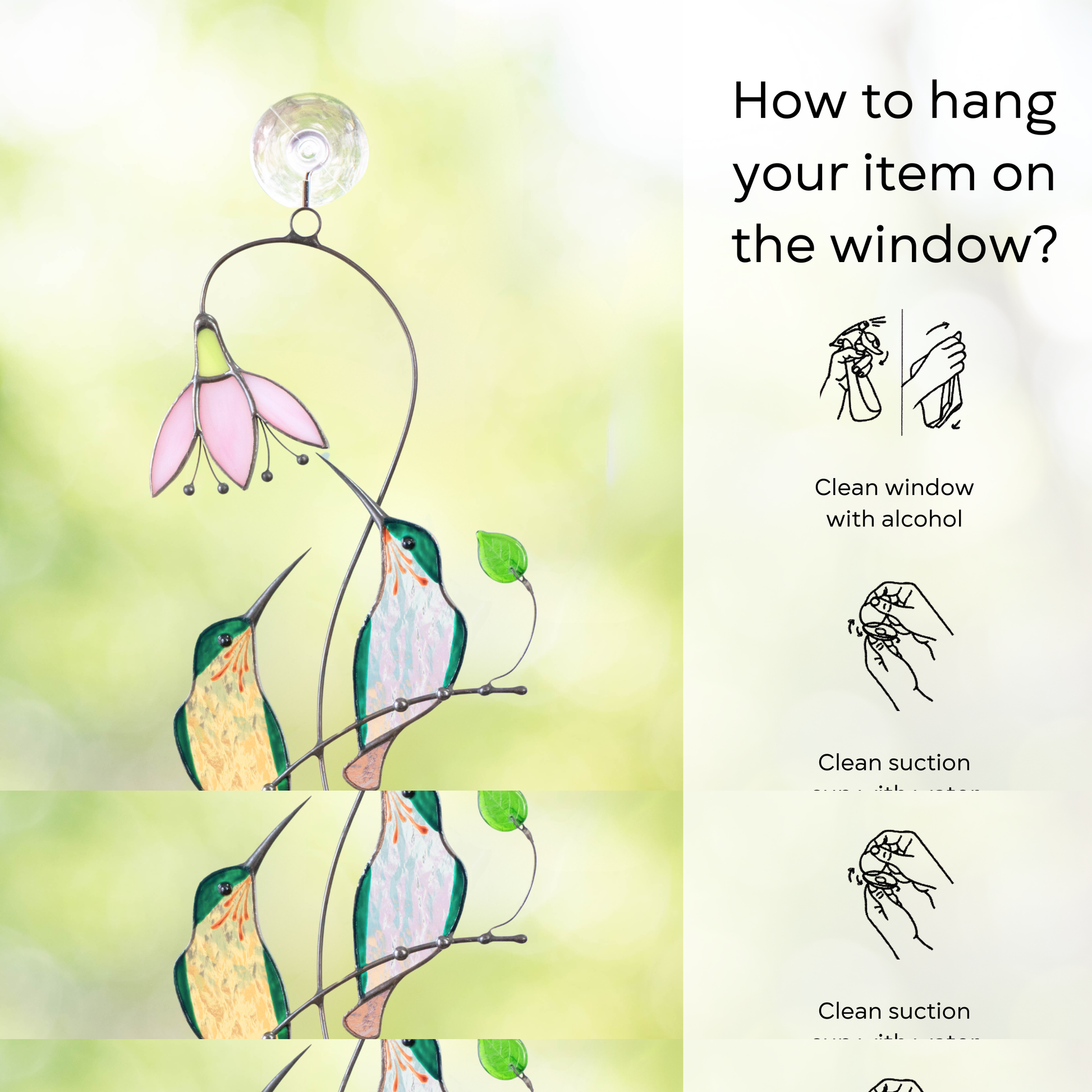 Pair if green hummingbirds sitting on the branch with flower and hanging instructions beside: clean window and suction cup, press a cup to the surface