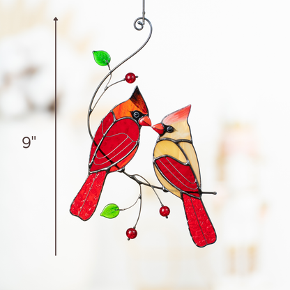 Stained glass suncatcher featuring cardinal couple with beads, 9" tall – vibrant window hanging for home or garden. 