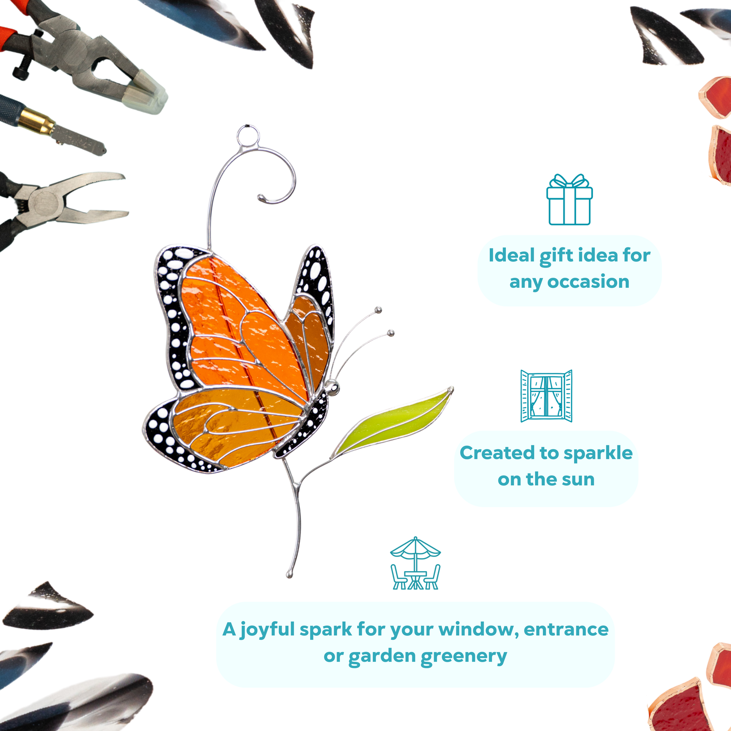 Orange stained glass monarch butterfly with decorative beads, ideal for bright daylight.