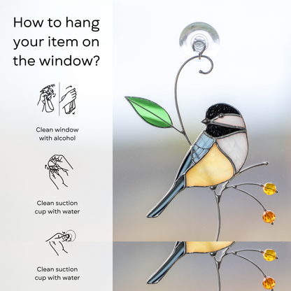 Stained glass chickadee with suction cup attached to window, step-by-step hanging guide with simple illustrations.