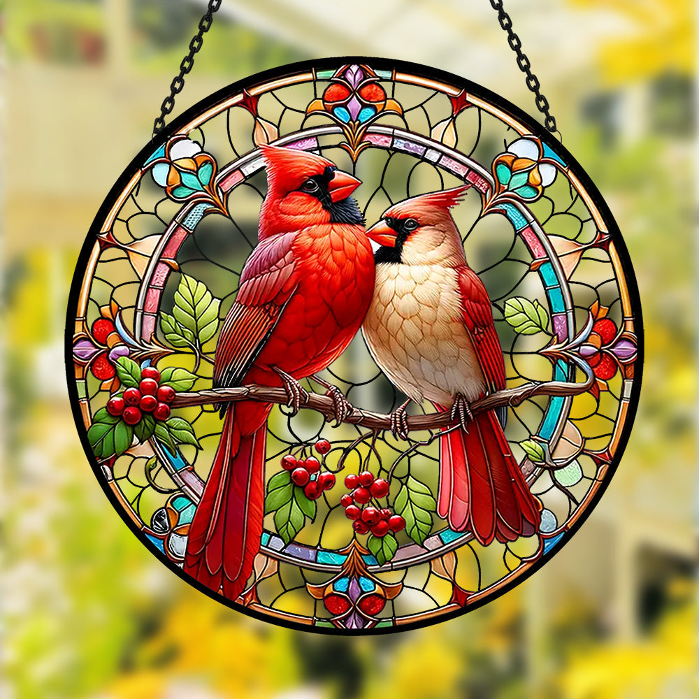 Cardinal Birds Sun Catcher Decoration Stained Glass Window Hanging