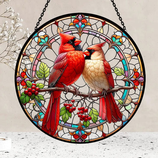 Cardinal Birds Sun Catcher Decoration Stained Glass Window Hanging