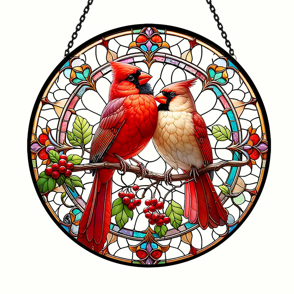 Cardinal Birds Sun Catcher Decoration Stained Glass Window Hanging