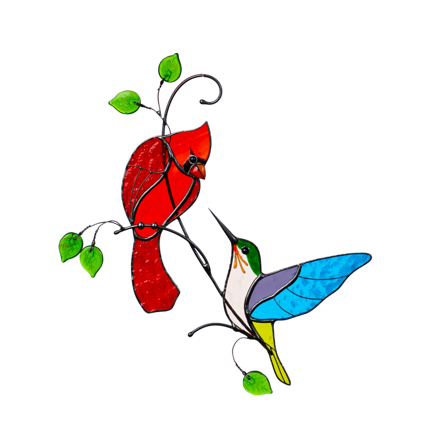 Handmade stained glass suncatcher featuring cardinal and hummingbird
