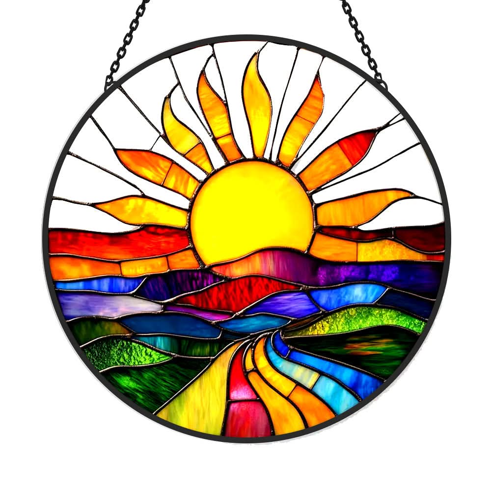 Colorful Sun Landscape Sun Catcher Decoration Stained Glass Window Hanging