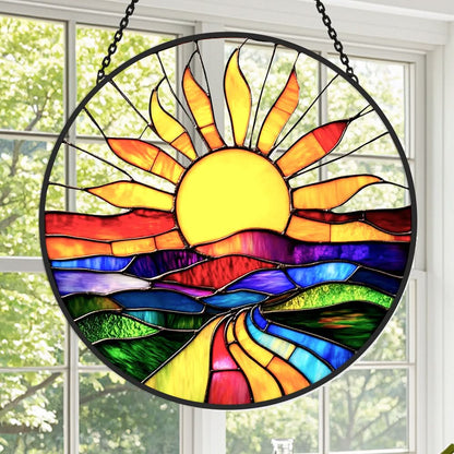 Colorful Sun Landscape Sun Catcher Decoration Stained Glass Window Hanging