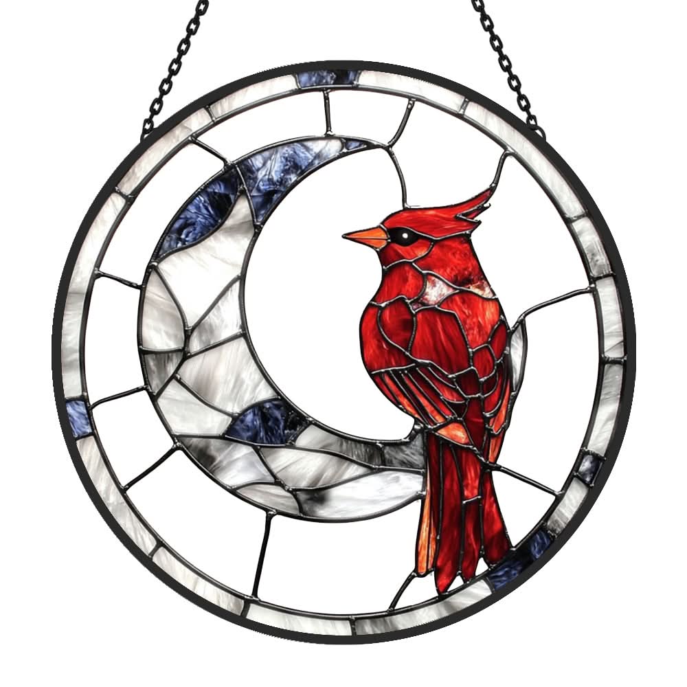 Crescent Moon Cardinals Sun Catcher Decoration Stained Glass Window Hanging