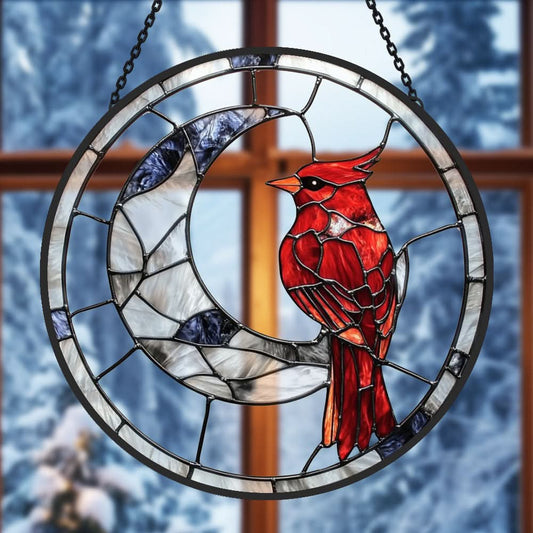 Crescent Moon Cardinals Sun Catcher Decoration Stained Glass Window Hanging