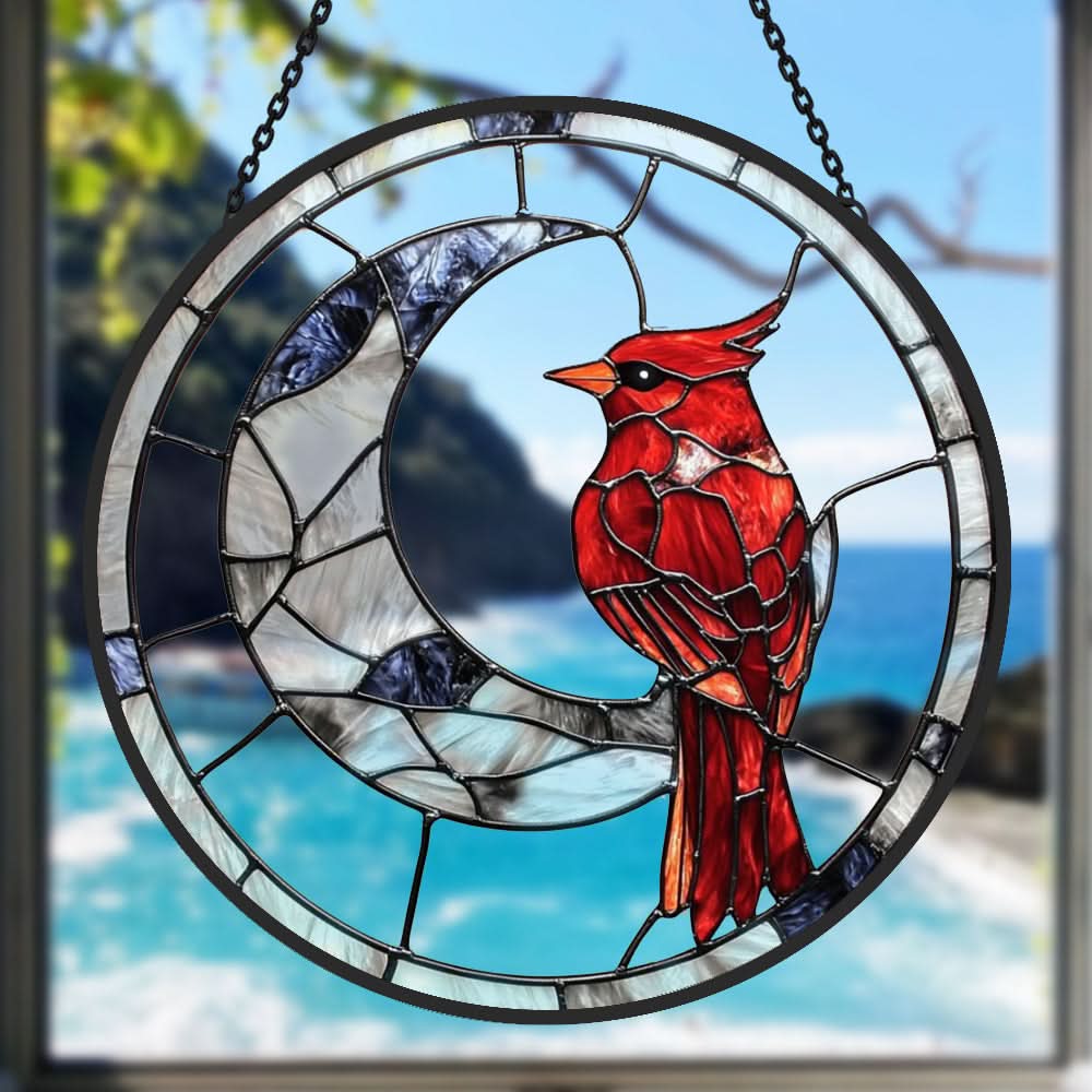Crescent Moon Cardinals Sun Catcher Decoration Stained Glass Window Hanging