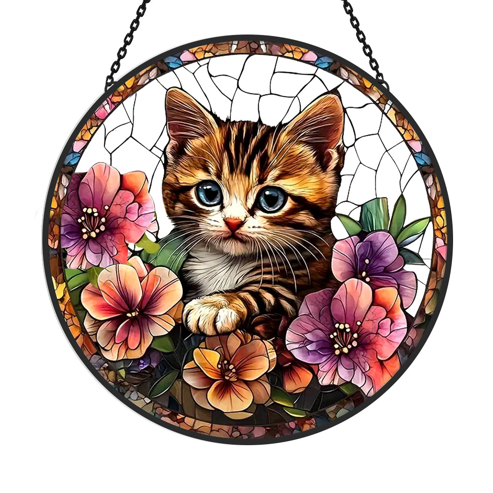 Cute Cat and Flowers Sun Catcher Decoration Stained Glass Window Hanging