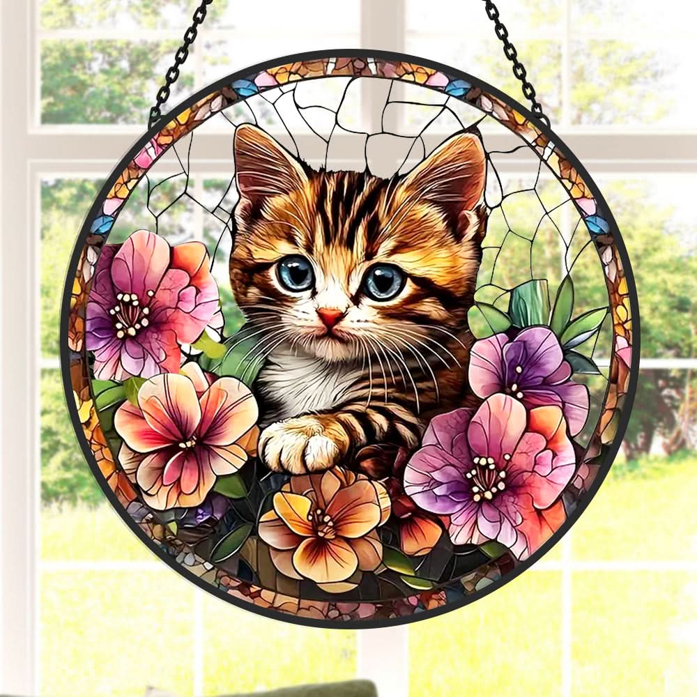 Cute Cat and Flowers Sun Catcher Decoration Stained Glass Window Hanging