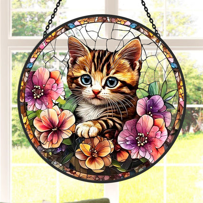 Cute Cat and Flowers Sun Catcher Decoration Stained Glass Window Hanging