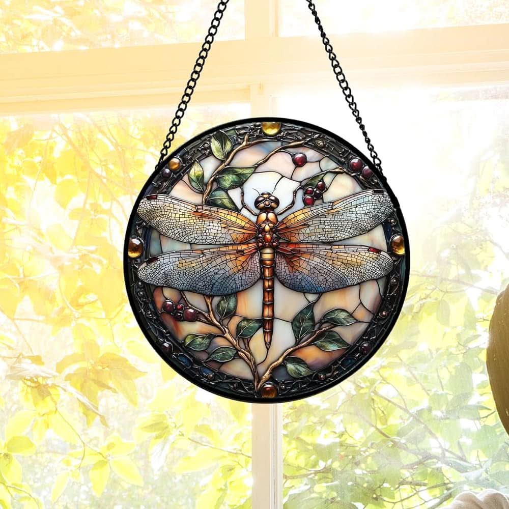 Dragonfly Plant Sun Catcher Decoration Stained Glass Window Hanging