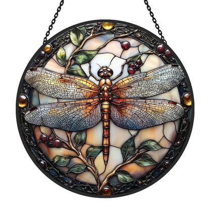Dragonfly Plant Sun Catcher Decoration Stained Glass Window Hanging