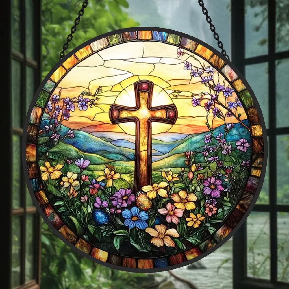 Flowers Cross Sun Catcher Decoration Stained Glass Window Hanging