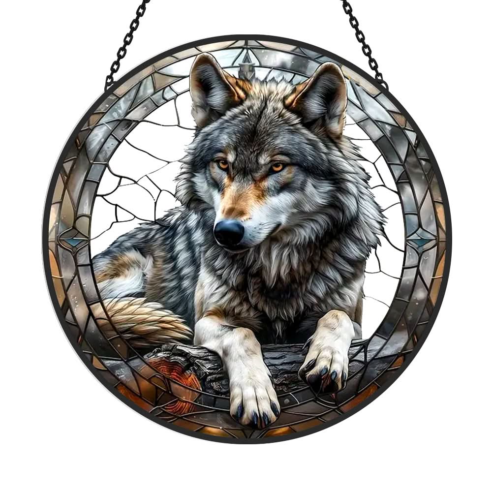 Gray Wolf Sun Catcher Decoration Stained Glass Window Hanging