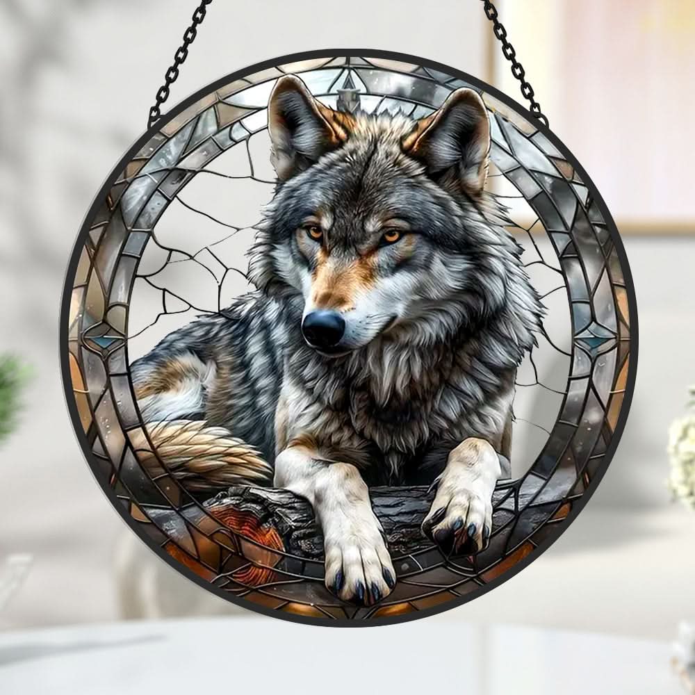 Gray Wolf Sun Catcher Decoration Stained Glass Window Hanging