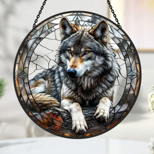 Gray Wolf Sun Catcher Decoration Stained Glass Window Hanging