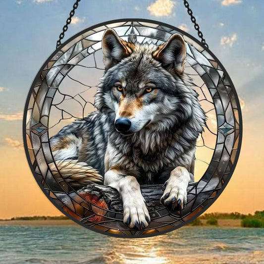 Gray Wolf Sun Catcher Decoration Stained Glass Window Hanging
