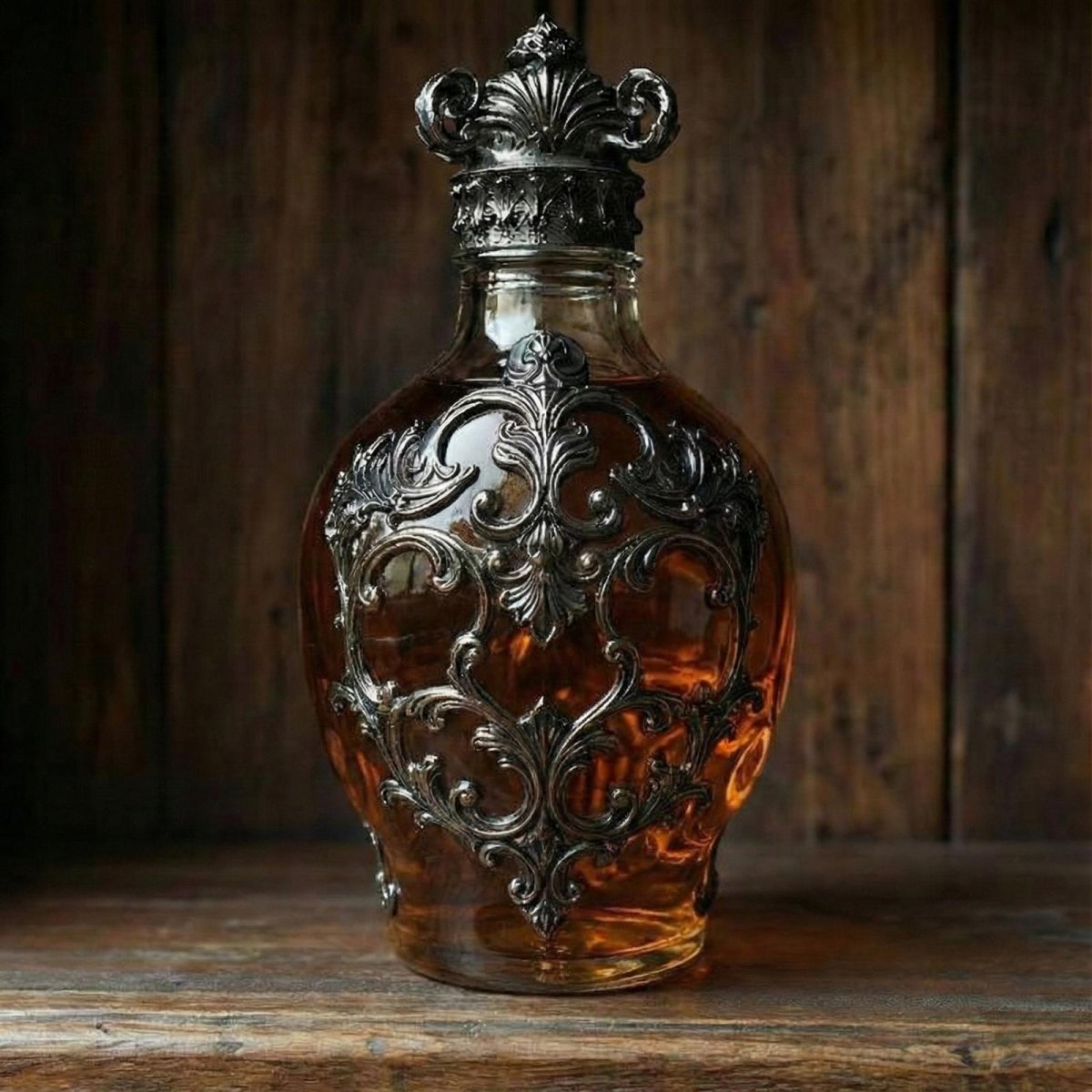 Back view of the Kouvr skull decanter, focusing on the detailed silver scrollwork and the shape of the glass bottle against a wood background.