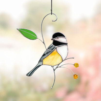 Stained glass chickadeesuncatcher with beads and green glass leaf