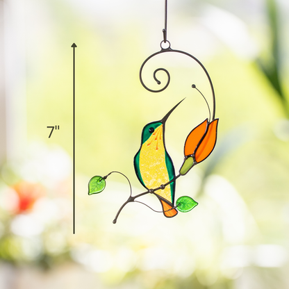 Hummingbird with orange flower suncatcher with size marked at 7 inches