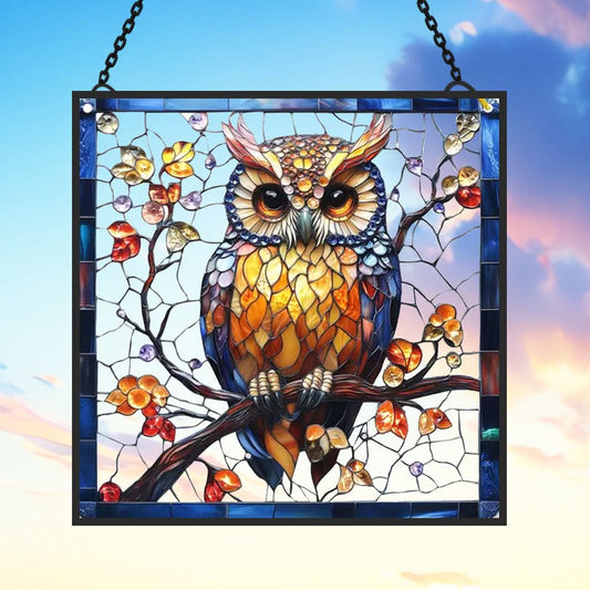 Vibrant Owl Sun Catcher Decoration Stained Glass Window Hanging