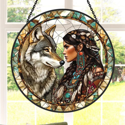 Wolf and Woman Sun Catcher Decoration Stained Glass Window Hanging