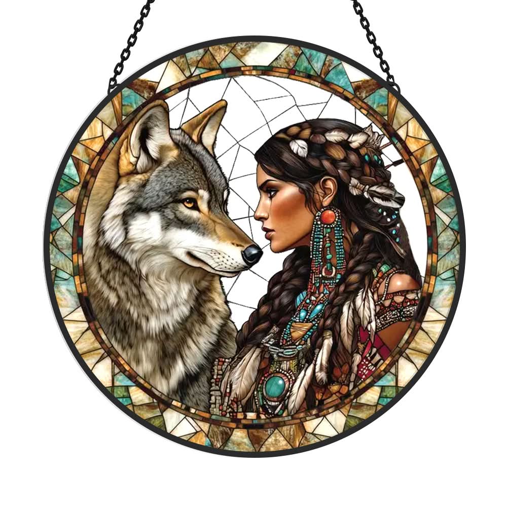 Wolf and Woman Sun Catcher Decoration Stained Glass Window Hanging